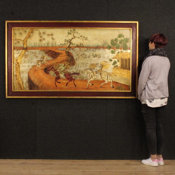 20th Century Orientalist Painting depicting a Landscape and Characters with Horses - Image 2