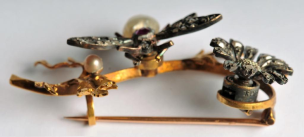 Insect Themed Brooch - Pearls, Pink Diamonds, Ruby & Gold - Image 3