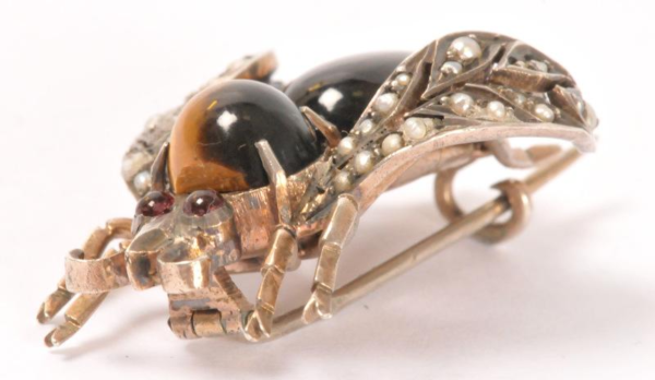 Tiger's Eye, Ruby & Pearls Bee Brooch - Image 4