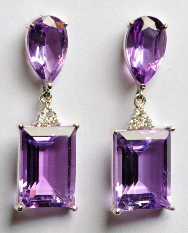 Pair of White Gold, Amethyst and Diamond Earrings